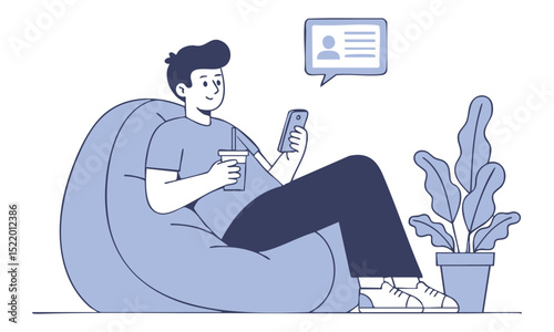 Man relaxing on bean bag with smartphone