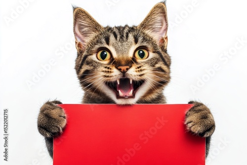 Ð¡ute adult cat manx hold in front paws a concept - large red drive sign. Cat photo ad. Isolated cat on a solid outfit pure white background. Kitten ad visual. Creature photo for brand.