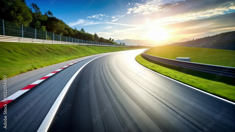 Curving racetrack illuminated by the rising sun with lush green hillside surroundings under bright blue skies with fluffy clouds