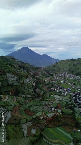 This footage showcases a high-angle view of terraced fields, a small village, and a majestic mountain under a cloudy sky in Indonesia. The camera is static.