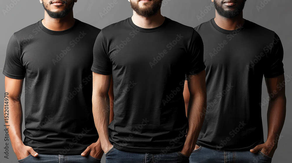 Obraz premium Young men wearing black t shirts, showcasing casual and stylish look. men stand confidently, highlighting versatility of t shirt design