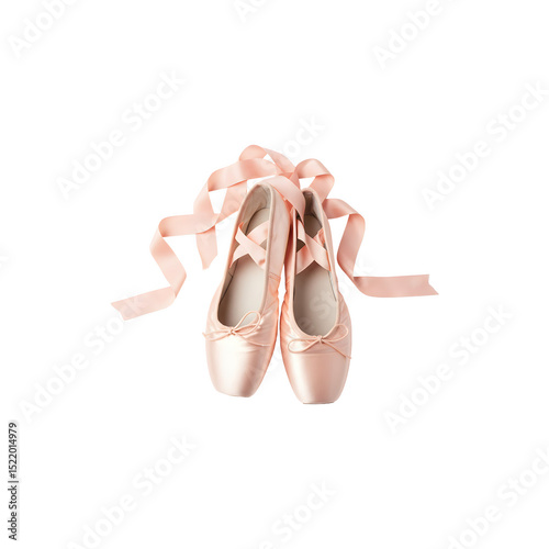 Pink ballet shoes with ribbon laces tied in a bow.