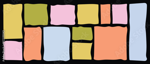 Crayon drawn colorful grunge rectangles and squares with rough edges. Childish text boxes, empty speech bubbles, doodle geometric shapes with pencil rough texture. Rectangles for hand drawn notes