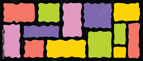 Set of colorful wavy organic rectangles and squares. Hand drawn vector geometrical shapes, funky frames for text and pictures. Empty speech bubbles. Irregular organic shapes for social media