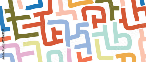 Geometric maze colorful seamless pattern. Brush drawn colorful scribbles. Abstract maze geometric vector background. Irregular labyrinth pattern in bright colors. Hand drawn intricate banner