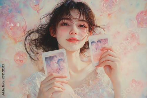 Serene Woman with Family Photos in Dreamy Watercolor Style