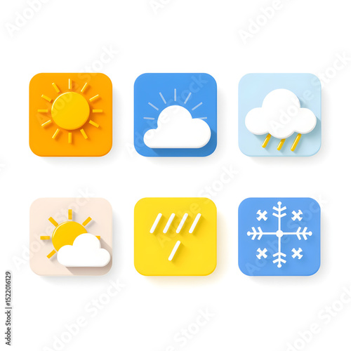 A collection of minimalist icons about weather conditions, such as sunny, cloudy, rainy, and snowy