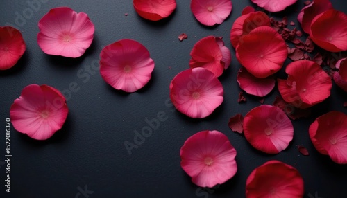 Close-up of red and pink flower petals scattered on a dark background