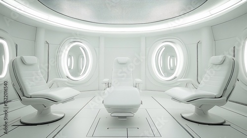 Futuristic white waiting room, spacious, clean, modern design, interior,  for use in promotional materials photo