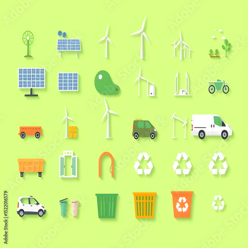 A set of minimalist icons representing various aspects of sustainable living