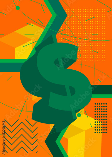 Dollar Sign geometrical graphic retro theme background. Minimal geometric elements. Vintage abstract shapes vector illustration.