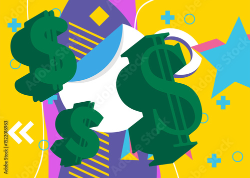 Dollar Sign geometrical graphic retro theme background. Minimal geometric elements. Vintage abstract shapes vector illustration.