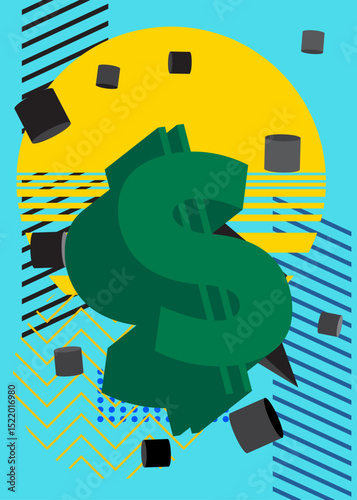 Dollar Sign geometrical graphic retro theme background. Minimal geometric elements. Vintage abstract shapes vector illustration.
