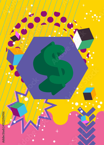 Dollar Sign geometrical graphic retro theme background. Minimal geometric elements. Vintage abstract shapes vector illustration.