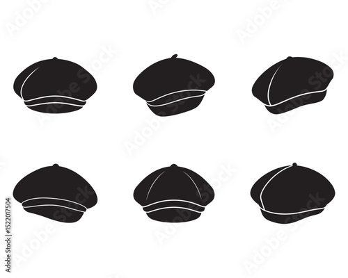 set of French beret hat silhouette vector flat illustration