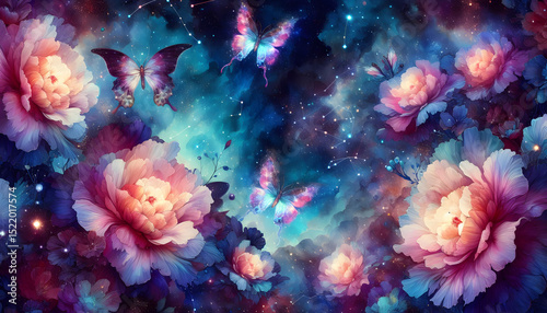 Cosmic Garden – Nebula Flowers and Celestial Butterflies