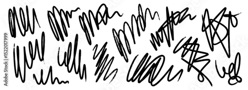 Hand drawn pen scribbles set. Free hand rough pencil scrawls collection. Grunge crayon curly doodle line pack. Messy charcoal squiggle brush stroke bundle. Vector black bold wiggly marker sketch swirl