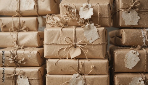 Stacked Wrapped Gifts with Tags and Twine Tied, Festive and Rustic Style