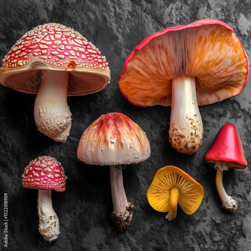 Studio photo of diverse poisonous mushrooms on dark textured background with dramatic shadows and high contrast, highlighting natural toxicity and scientific detail.