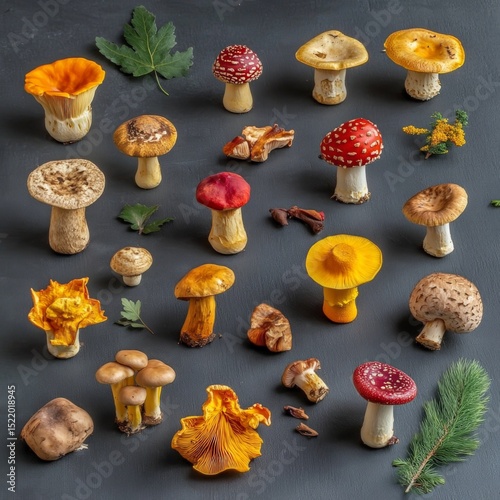 Studio photo of diverse poisonous mushrooms on dark textured background with dramatic shadows and high contrast, highlighting natural toxicity and scientific detail.