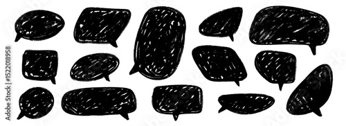 Hand drawn speech bubble collection. Doodled marker dialog box set. Sketched textured comic talk frames. black scribbled chat box pack. Round, square or rectangle balloon text box bundle. Vector 