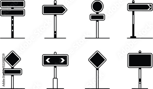 Collection of minimalist black and white road sign illustrations featuring various shapes and directional symbols