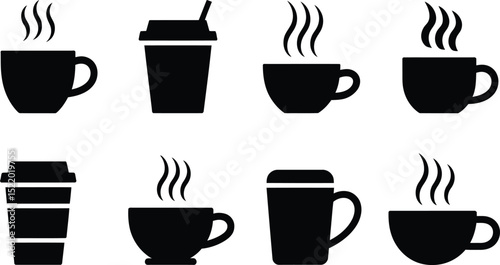 A collection of simple black coffee cups and coffee to go containers with steam rising in minimalist vector style