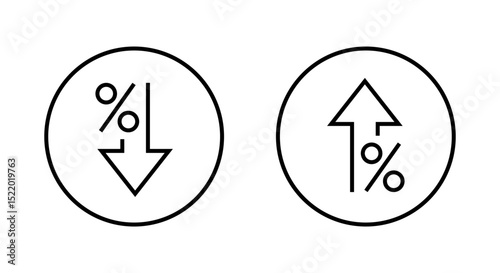 Arrow down and up percent outline icon on circle line. Percentage downward and upward arrows sign symbol