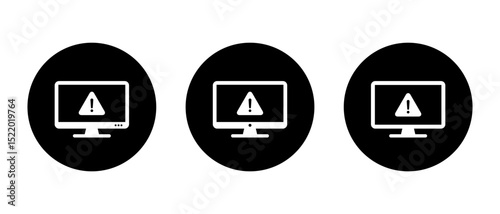 Warning on computer monitor icon set on black circle. Security threat information on screen sign symbol