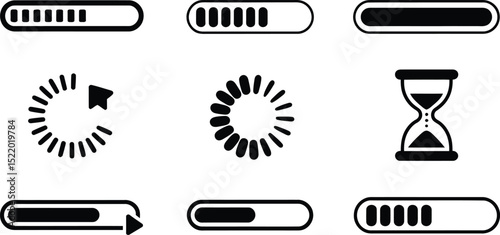 Collection of simple black and white loading icons including progress bars hourglass and circular loading symbols
