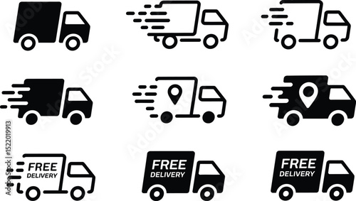 Collection of delivery truck icons in black and white showing speed and free delivery concept for transportation services
