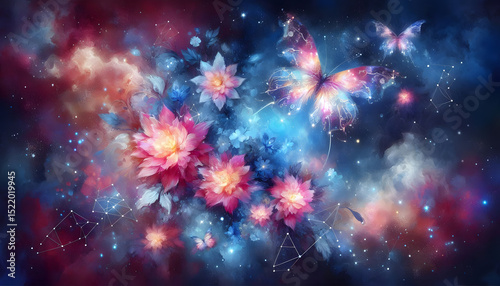 Cosmic Garden – Nebula Flowers and Celestial Butterflies