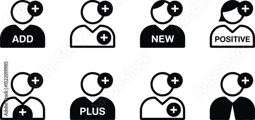 Collection of user icons with add plus sign for communication and social media concepts in bold black and white style