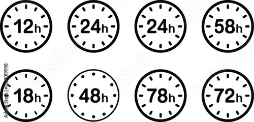 Simplified clock icons representing various time durations from twelve hours to seventy-two hours in monochrome style
