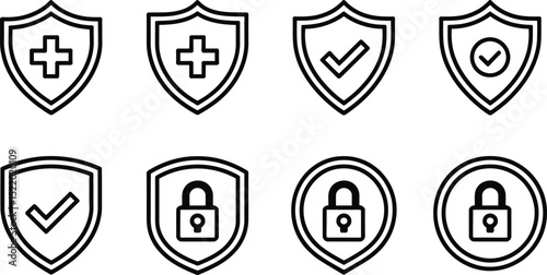 A collection of black and white shield icons featuring health protection security and digital safety concepts