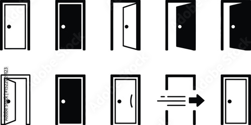 Collection of simple door icons in various open and closed states illustrating access and entry concepts.