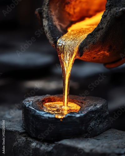 Molten metal is being poured from a crucible into a mold, glowing brightly with intense heat