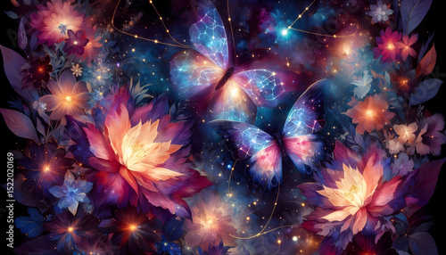 Cosmic Garden – Nebula Flowers and Celestial Butterflies