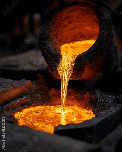 Molten metal is being poured from a crucible into a mold, glowing brightly in an industrial foundry setting