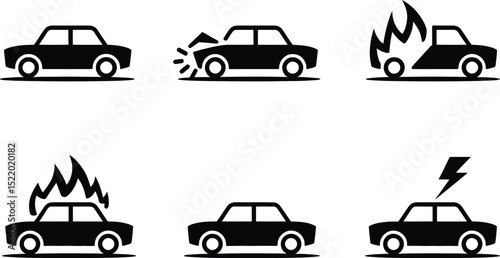 Illustrated set of black car icons depicting accidents car crashes fire damage and electrical incidents in vector graphics