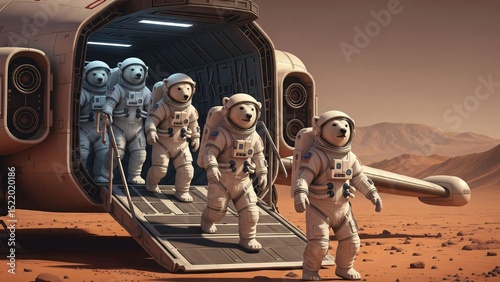 Astronaut Bear Explorers Disembarking from a Spaceship on a Red Planet