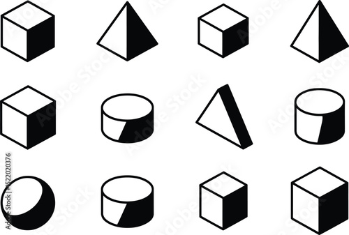 Minimalist isometric geometric shapes collection featuring cubes pyramids cylinders and sphere in modern black and white design