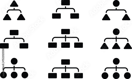 Collection of black and white hierarchical diagrams with various shapes for representing organizational structures and data relationships.