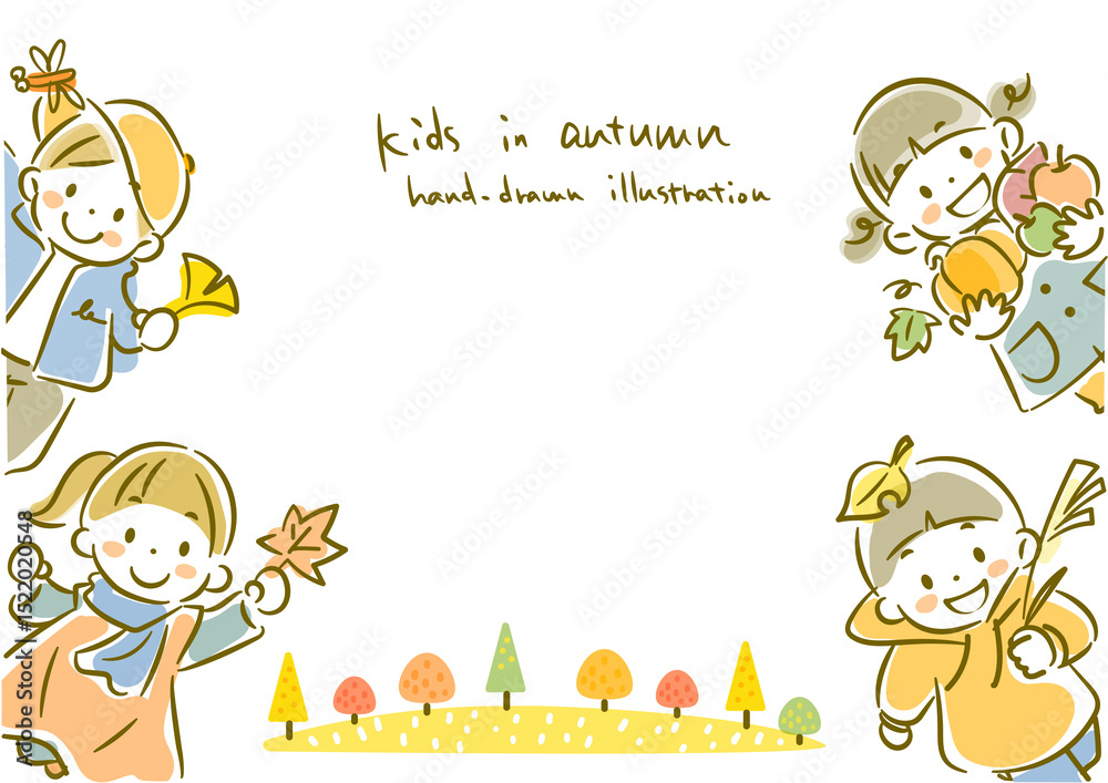 Fototapeta premium Frame of children enjoying autumn Simple and cute watercolor-style hand-drawn illustration