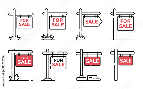 Set of vector illustrated red and white for sale signs for real estate property and housing market advertising