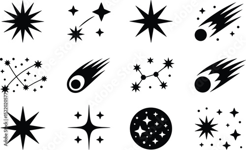 A collection of black and white celestial icons showcasing stars, constellations, comets, and celestial bodies