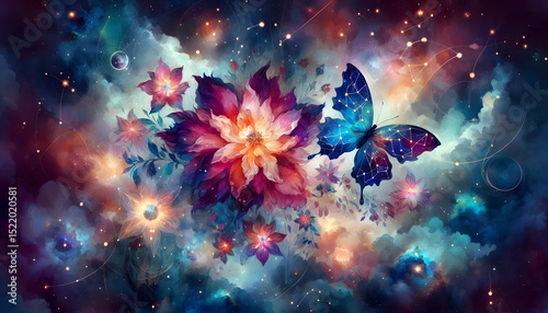 Cosmic Garden – Nebula Flowers and Celestial Butterflies