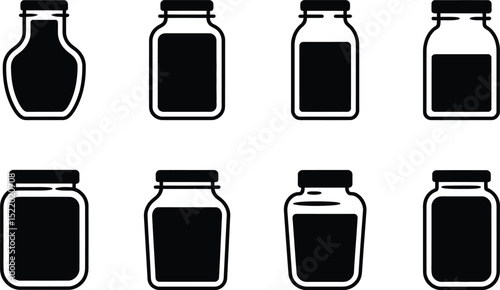 Vector illustration of a collection of various vintage glass jar designs with a black and white aesthetic for multiple uses.