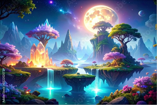 Floating islands with crystal trees grow glowing fruit, rivers of liquid light flow beneath twin moons, radiant winged guardians tend gardens.  
