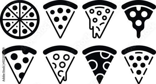 Delicious pizza design in black and white with various slices showing toppings and styles for fast food restaurant logos and menu designs.